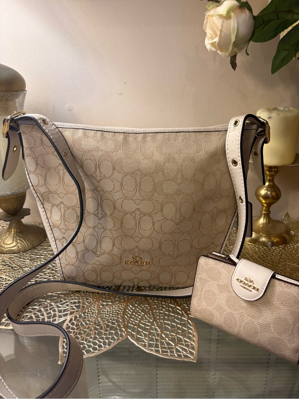 Coach Beige Signature Canvas Shoulder Bag with Wallet Set